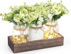 Mkono Mason Jar Lights Centerpiece Table Decor for Dining Room Farmhouse Wood Tray with 3 Jars Flowers Valentines Day Decoration for Coffee Table Kitchen Living Room Wedding