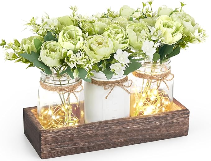 Mkono Mason Jar Lights Centerpiece Table Decor for Dining Room Farmhouse Wood Tray with 3 Jars Flowers Valentines Day Decoration for Coffee Table Kitchen Living Room Wedding