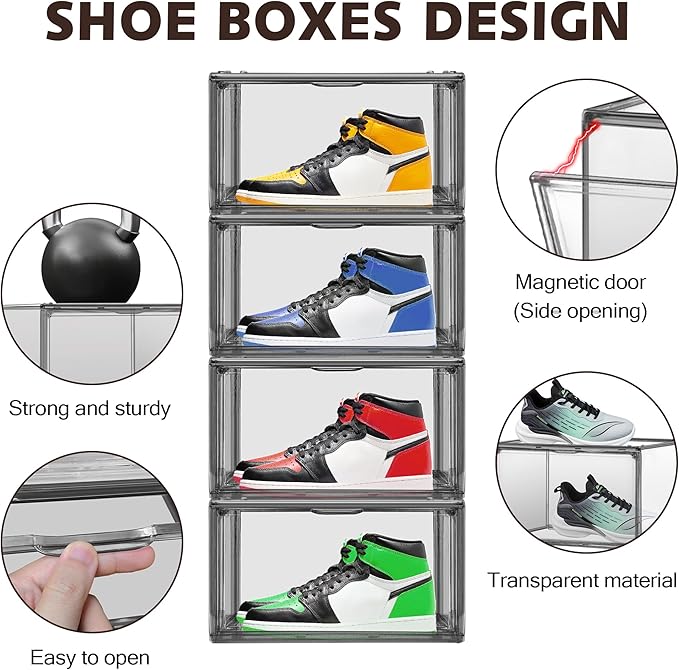 2 Pack Acrylic Shoe Box for Closet Clear Stackable Size 12 Shoe Storage Bins with Magnetic Lids, Stackable Boot Handbag Organizer Containers for Shoes, Figure, Collectible, Purse