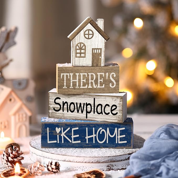 Lineshading 4 Pcs Christmas Table Decoration Wooden House Decor Christmas Tiered Tray Decor Rustic Decorative Home Block Signs Gifts Winter Centerpieces Farmhouse Sweet Home Decoration for Shelf