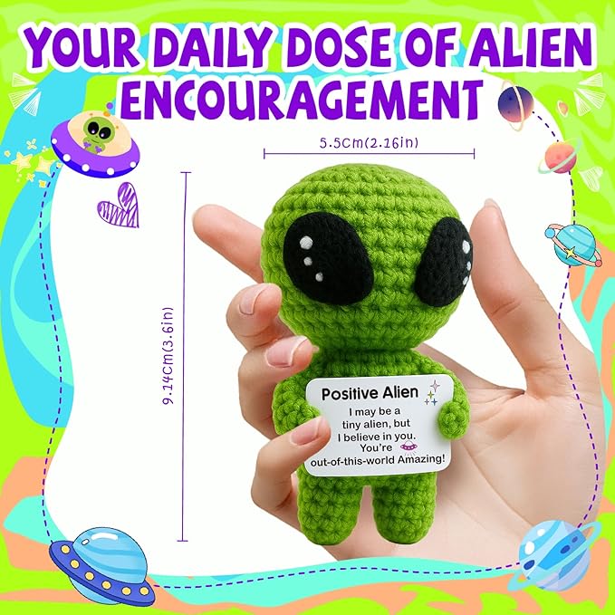 Positive Alien Crochet Plush with Message Affirmation Card - Appreciation Birthday Gift for Women Men, Her Him, Teen, Boy Girl, Inspirational College High School Graduation Congrats Grad Decoration