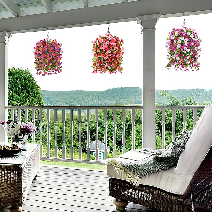Homsunny Artificial Faux Hanging Flowers Plants Baskets for Outdoor Spring Summer Decorations,Resistant Fake Morning Glory Silk Plants for Outside UV Resistant Patio Yard Home Porch Decor(Red Purple)