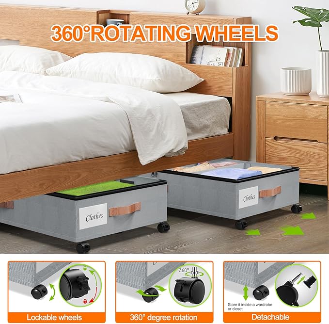 Under Bed Storage with Wheels, 2 Pack Under Bed Storage Containers with Dividers & Clear Lids, Under the bed storage Organizer Bins,Underbed Storage with Wheels for Clothes,Toys,Shoes (GREY)