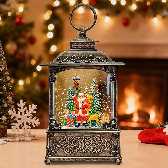 Santa Snow Globe, Reindeer and Christmas Tree Theme, Light up Christmas Snow Globes with Music 6-Hour Timer, Battery-Powered or USB-Powered Gifts for Women Men and Kids, Indoor Christmas Decorations