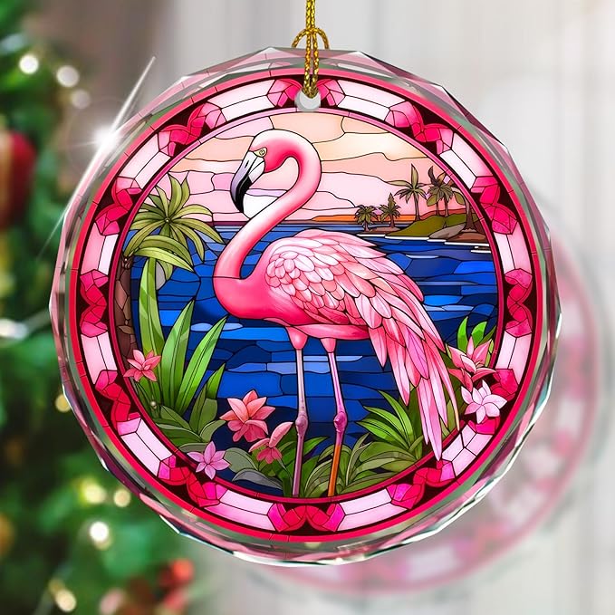 Flamingo Stained Glass Ornament - Christmas Tree Decoration, Flamingo Ornaments for Christmas