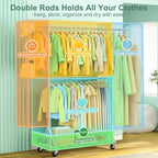 Heavy Duty Rolling Clothes Rack with Double Rods for Hanging Clothes, Adjustable & Extendable Metal Clothing Rack, Garment Rack With Wheels Shelf, Sturdy Freestanding Closet Rack, 100% Stainless Steel