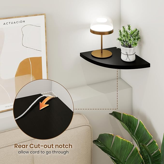 Fun Memories Corner Shelf Wall Mount Set of 2 - Solid Oak Wood Floating Corner Shelf with Cable Hole, 8.5in Rustic Design for Bedroom, Living Room, Kitchen (Black)