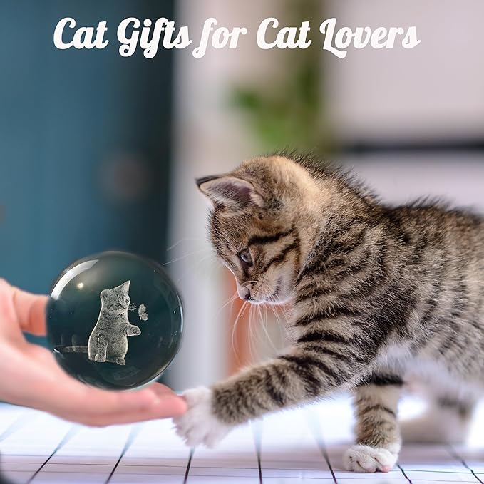 IFOLAINA 3D Cat Themed Gifts for Women 3D Crystal Ball Cat Related Sympathy Figurines Presents Kitty Decorative Globe Decor with Stand