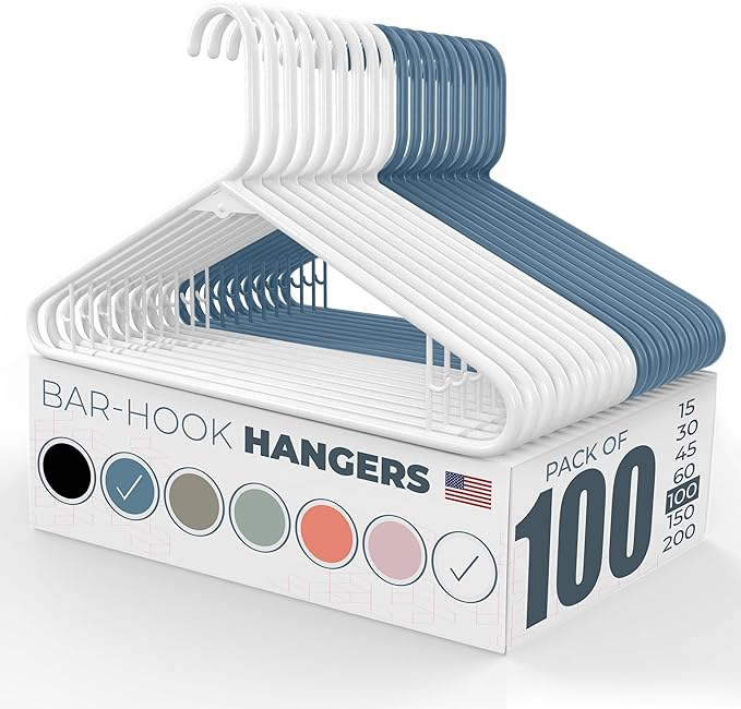 Neaties Plastic Hangers 100 Pack – Made in The USA – 6lb Capacity Standard Clothes Hangers with Strap Hooks for Dresses, Lingerie, Shirts, Pants, and Jackets – White & Blue
