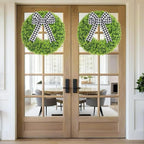 Vlorart 23 Inch Large Boxwood Door Wreaths for Front Door All Season, Artificial Spring Summer Green Wreath with Sash & Bow, Front Door Wreaths for Indoor Outdoor Porch Wall Window Farmhouse Decor