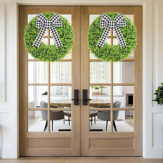 Vlorart 23 Inch Large Boxwood Door Wreaths for Front Door All Season, Artificial Spring Summer Green Wreath with Sash & Bow, Front Door Wreaths for Indoor Outdoor Porch Wall Window Farmhouse Decor