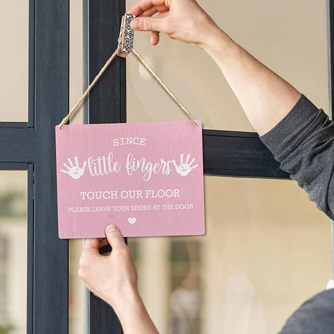Wall Pediments Shoes Off Sign,Shoes Off Sign for Front Door,Since Little Fingers Touch Our Floor Door Sign,Please Take Your Shoes Off Sign,Shoes Off Hanging Welcome Sign for Front Door(pink)