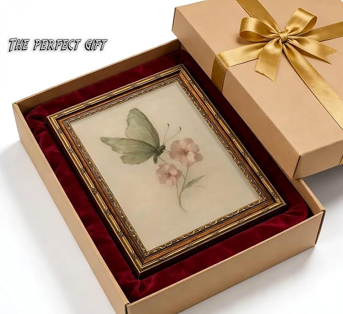 Vintage Gold Framed Wall Art, Retro Butterfly and Pink Flower Oil Painting Canvas Prints, Beige Insect Picture, Rustic Farmhouse Moth Cottagecore Poster Artwork for Living Room Bedroom Bathroom