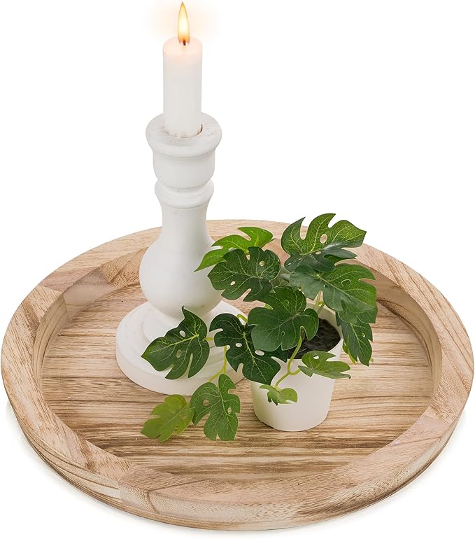 Hanobe Wooden Tray for Coffee Table: Candle Holder Plate Round Decorative Serving Tray - Vintage Table Centerpiece Rustic Farmhouse Home Decor