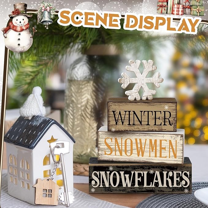 Moucuny 4 Pcs Winter Table Decorations Wooden Snowflake Decor Christmas Tiered Tray Decor Rustic Snow Block Signs Gift Farmhouse Christmas Centerpiece for Winter Wonderland Party Kitchen Shelf Home