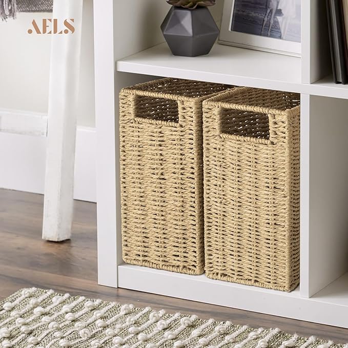 AELS Woven Natural Fibre Magazine Holder, Magazine Rack Floor, Hand-woven Magazine Organizer, Natural Paper Rope Magazine Basket with Handles, Boho Modern Farmhouse Book Basket, Newspaper Holder