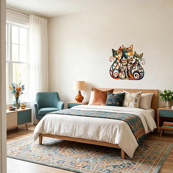 Wesiti Cat Wall Art Decor Iron Wall Sculptures Decor for Cats Lover 12.3 x 13 Inches Colorful Retro Mid Century Cat Signs for Home Living Room Bedroom Kitchen Office