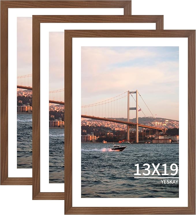 13x19 Picture Frame 3 Pack - Brown Poster Frame Display Pictures 11x17 with Mat or 13 x 19 Without Mat for Wall Hanging Horizontal and Vertical