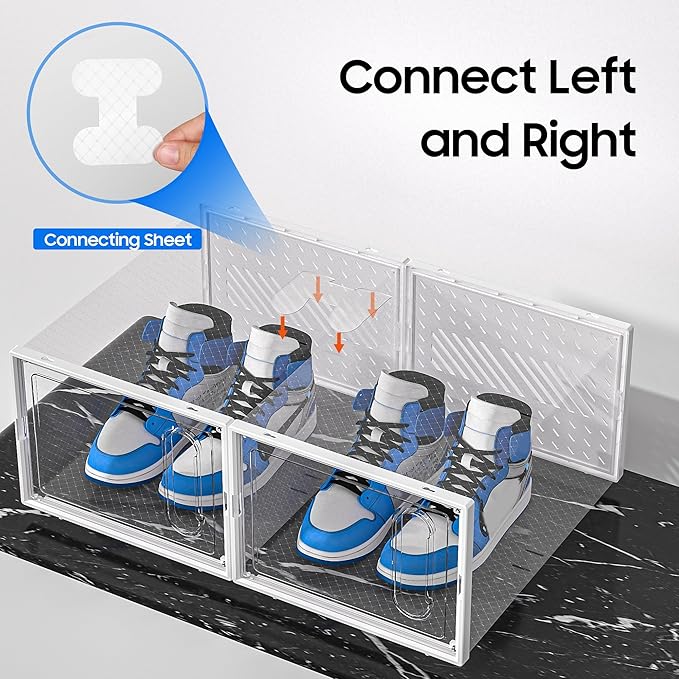 eWonLife Large Shoe Organizer Storage Box with Magnetic Door,12 Pack Clear Plastic Stackable Sneaker Containers for Closet, Connect Left and Right Shoe Box for Entryway, Drop Front, Under Bed (White)