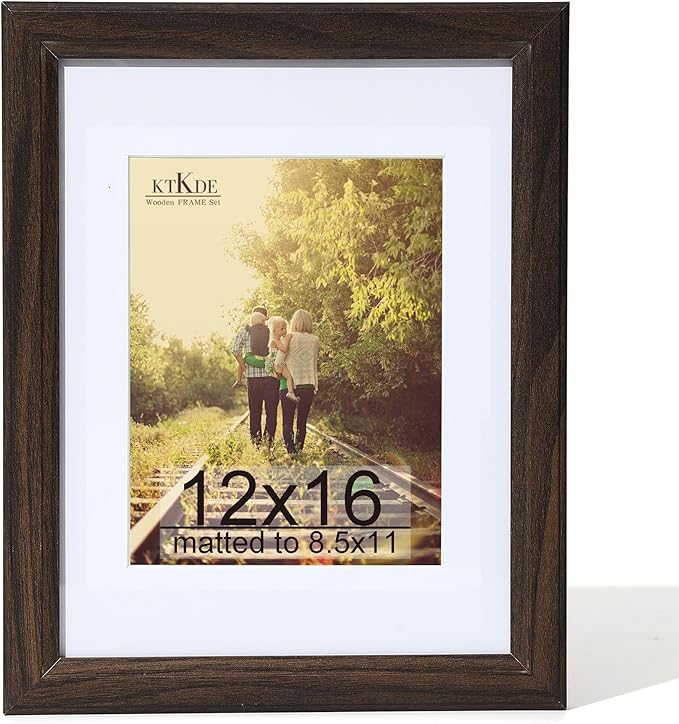 KTKDE 12x16 Picture Frame Real Glass,Poster frame Display Pictures 8.5x11 with Mat or 12x16 Without Mat, Modern Style Wood Composite Frame,Gallery Wall Frame Wooden Walnut，best gift