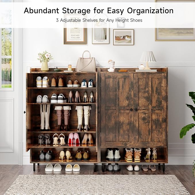 ONBRILL Shoe Storage Cabinet with Cross Molding Doors, 6-Tier Shoe Cabinet with 3 Adjustable Shelves and Metal Legs, 45 Inch Tall Shoes Rack Organizer Cabinet for Entryway, Front Door, Rustic Brown