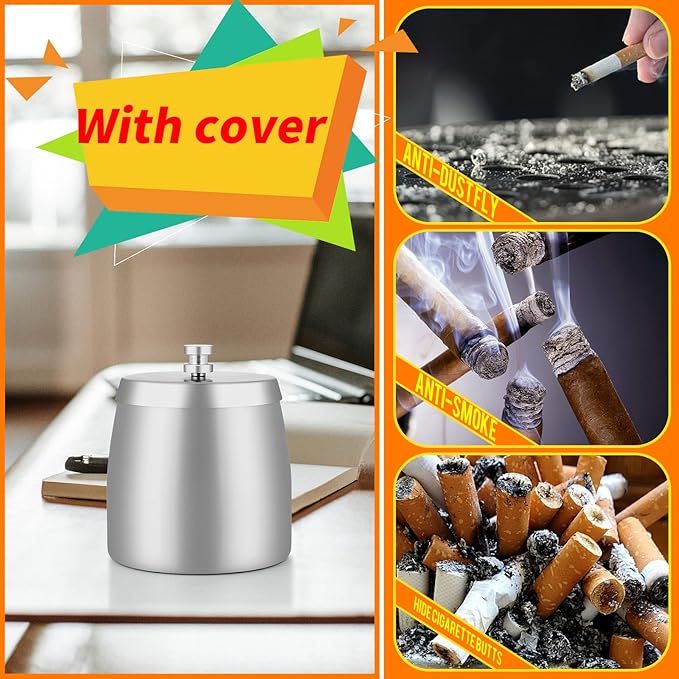 Smokeless Ashtrays For Cigarettes Indoor, Ash Tray Sets Cigarettes Outdoor Ashtrays for Patio Windproof Cute Vintage Home Fancy Stainless Steel Metal Outside Ashtray With Lid, Small