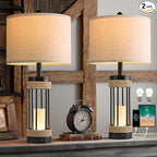 OYEARS 25" Table Lamps Set of 2 with Night Light, Rustic Bedside Lamps with USB C+A Charging Ports, Black Metal Lamp with Rope Accent and Frosted Glass, Farmhouse Lamps for Living Room Bedroom