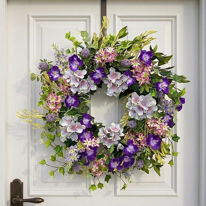 Jobflower Spring Wreaths for Front Door, 24 Inch Purple Summer Wreath Everyday Artificial Wild Flower Wreath for Wedding Home Wall Window Porch Indoor Decor