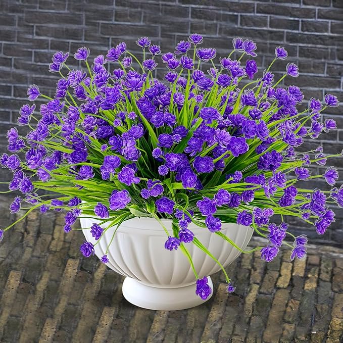 TURNMEON 20 Bundles Artificial Flowers for Outdoors Fake Plants Spring Decor, UV Resistant Artificial Plants Cemetery Flowers Faux Plastic Greenery Shrubs for Home Porch Summer Decor 500 Heads(Purple)