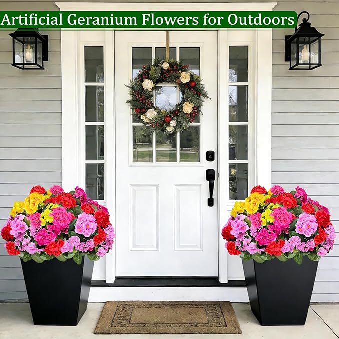 Artificial Geraniums Flowers for Outdoors Spring Decor, 8 Bundles UV Resistant Fake Geraniums Flowers Silk Faux Plants for Home Planter Gardens Table Patio Porch Indoor Summer Cemetery Decor(Color)