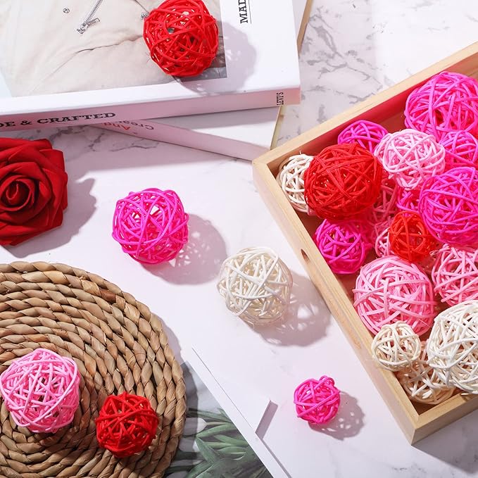 Patelai 36 Pcs Wicker Rattan Balls Decorative Balls for Vase Centerpiece Bowls Orbs Filler for Home Decor,4 Sizes(White, Pink, Rose, Red,2.4'',2'',1.6'',1.2'')
