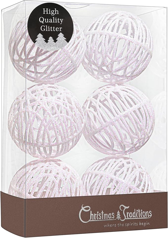 Christmas Traditions 4 inch Glittered Iridescnet White Rattan Ball Ornaments Hanging Tree Decorations (Set of 6) (Iridscent White), Large