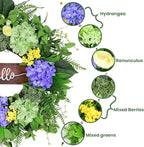 24” Spring Summer Wreaths for Front Door, Greenery Front Door Wreath with Hello Sign for Indoor Outdoor Porch Window Wall, Artificial Floral Wreath with Hydrangeas Berries for Home Decor