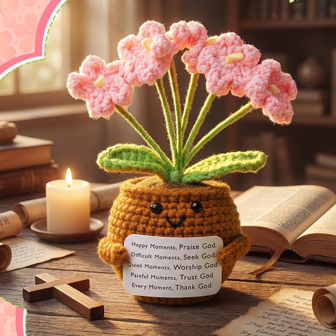 Wavwavw Christian Gift for Women Positive Handmade Crochet Doll with Bible Verse Prayer Card Inspirational Scripture Religious Crochet for Christmas Sunday Group Church