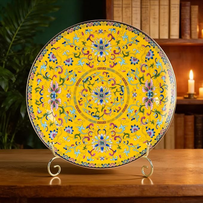 Decorative Plates Set for Display, Yellow Ceramic Plate Decor with Stand, Handmade Vintage Porcelain Ornament for Table, Living Room, Kitchen, Office, Perfect Chinese Style Dish Gift (8in+10in)