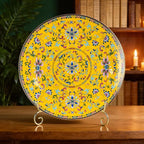 Decorative Plates Set for Display, Yellow Ceramic Plate Decor with Stand, Handmade Vintage Porcelain Ornament for Table, Living Room, Kitchen, Office, Perfect Chinese Style Dish Gift (8in+10in)