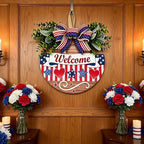 12" Patriotic Wreath Wooden Welcome Sign for Front Door, 4th of July & Memorial Day Decorations, USA 250th Anniversary Decor with Red Blue Stars Bow & Artificial Flowers for Outdoor Porch Patio Fence