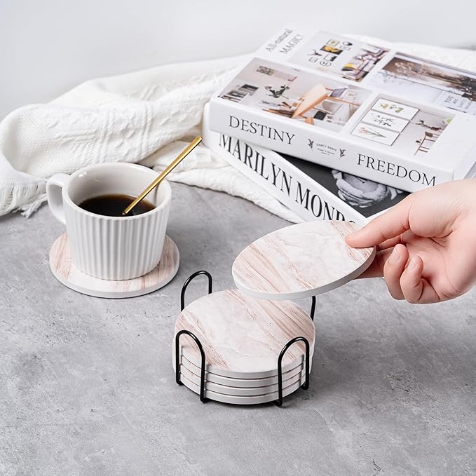 Hoewina 6Pcs Drink Coasters with Holder, Marble Style Ceramic Drink Coaster, Absorbent Coasters Set Suitable for Kinds of Cups, Modern Style Coasters for Coffee Table, 4 Inches（Cloud Style）