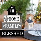 Cinnvoice 4 Pcs Farmhouse Tabletop Decor Rustic Family Blessed Home Table Centerpiece This Is Us Sign for Kitchen Shelf Desk Fireplace Mantel Tiered Tray Decor(Neutral Home Family Blessed)