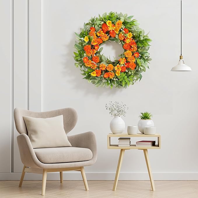 24 Inch Summer Wreaths for Front Door with Carnations, Daisies and Eucalyptus - Artificial Spring Summer Front Door Wreath for Farmhouse, Porch, Window, Wedding, Celebration, Indoor Outdoor Home Decor