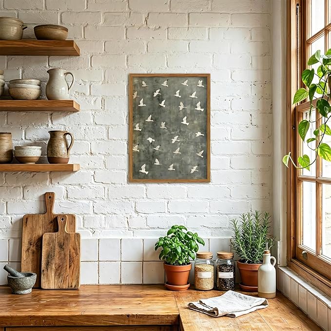 Framed Vintage Flying Bird Canvas Wall Art, Minimalist Abstract Flock of White Birds Pictures Wall Decor, Cottagecore Nature Wildlife Prints Paintings for Living Room Bedroom Home Office 12x16 inch