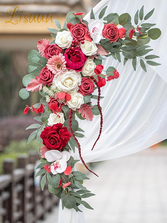 Lisuun Wedding Arch Flowers, Artificial Flowers for Decoration, 2pcs Flower Swag and 1 pcs Semi-Sheer Chiffon Table Runner Swag for Beautiful Dream Wedding Ceremony Floral Decor - Pack of 3