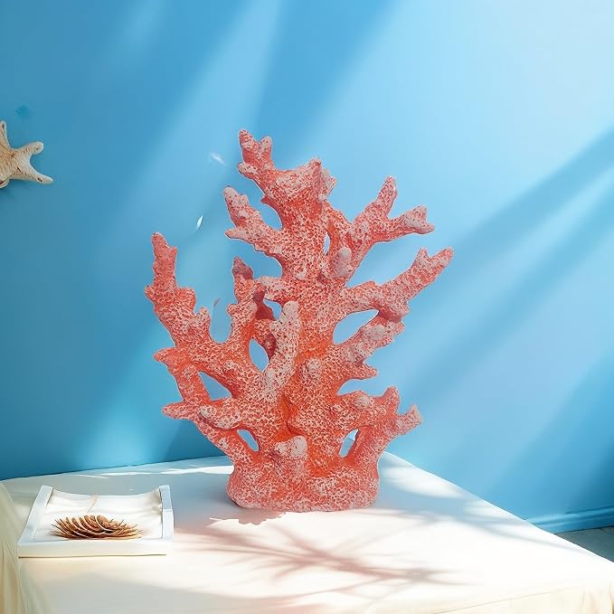 Etlemonde Beach Coastal Decor Coral Reef Home Decor Statue Sculpture Home,Desk,Bathroom,Desktop Shelf Statue,Marine Themed Gifts (Red Orange Coral)