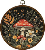 Vintage Mushroom Wildflower Wall Art Decor, Fantasy Forest Botanical Illustration Round Frame Wall Hanging Decor, Retro Botanical Canvas Prints Wall Art for Bedroom Living Room 10x10 Inch (MG04)