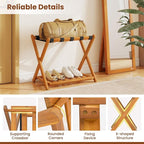 Goplus Luggage Rack for Guest Room Set of 4, Folding Suitcase Stand with Storage Shelf, Acacia Wood Frame & 5 Nylon Straps, Fully Assembled 27" Luggage Stand for Bedroom, Hotel, Holds up to 200 LBS