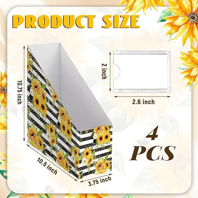AmazingSpark Set of 4 Sunflower Magazine Holder Decorative Foldable Magazine Storage Boxes with Acrylic Label Holders Coquettish Boho Organizer for Office Home Organization Storage
