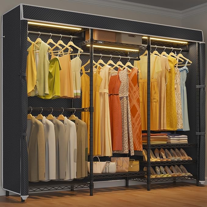 VIPEK V5LC Garment Rack Heavy Duty Covered Clothes Racks with Dimmable LED Light 3000K Warm White, Portable Closet Wardrobe Freestanding Clothing Racks for Hanging Clothes, Black Rack with Black Cover