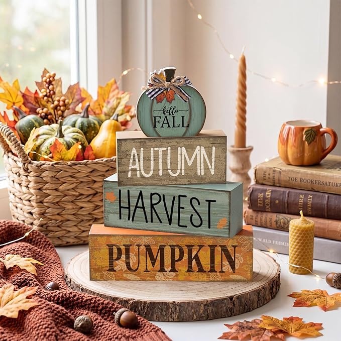 Lineshading 4 Pcs Fall Table Decoration for Home Wooden Pumpkin Decor Thanksgiving Tiered Tray Decor Rustic Neutral Pumpkin Stacked Block Autumn Centerpiece Decoration for Harvest Home Kitchen