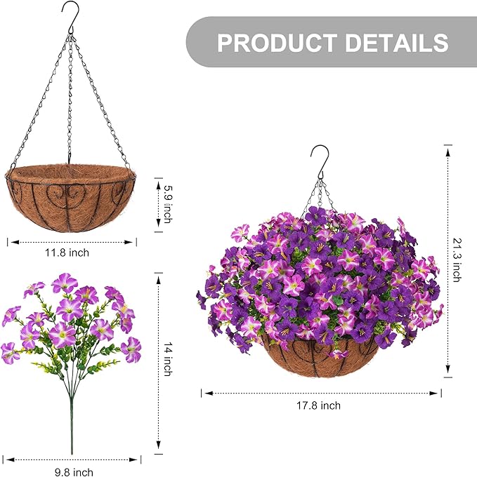 INSPRING Artificial Outdoor Flowers Hanging Baskets Faux Plants Spring Decoration, UV Resistant Fake Silk Morning Glory in Planter Look Real Petunias for Outside Patio Porch Balcony Garden Home, 2Mix