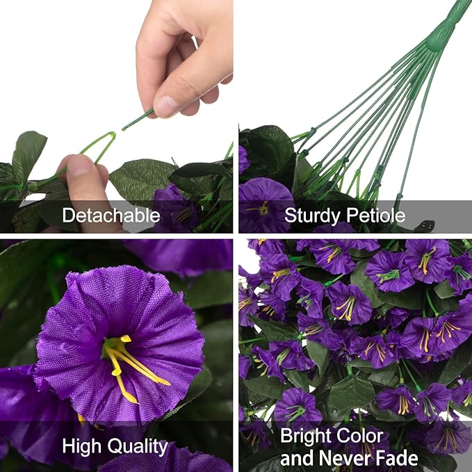 HyeFlora Artificial Fake Hanging Flowers Plants for Outdoor Outside Summer Decoration, 2PCS Faux Silk Morning Glory Purple UV Resistant Look Real Trailing Vines for Home Planter Porch Patio
